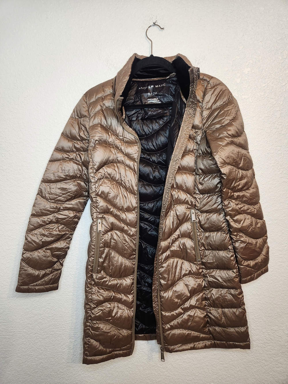 Andrew Marc Premium Down Packable Long Puffer Coat Taupe Brown Womens S - Picture 9 of 16